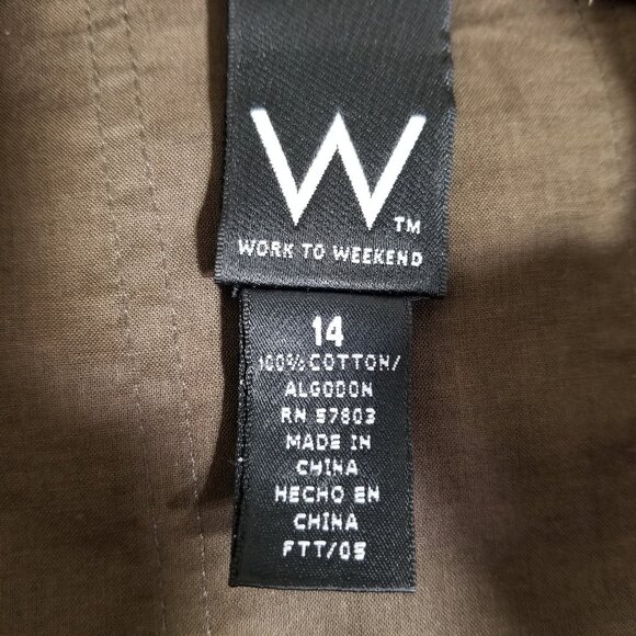 W Work Weekend M Mandarin Collar Embellished Shirt Ruched Panels Ribbon Trim Brn - Picture 7 of 8